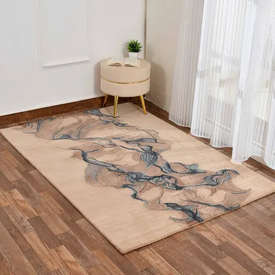 Classic Abstract Print Flat Weave Hand Tufted Blue & Beige Wool Carpet