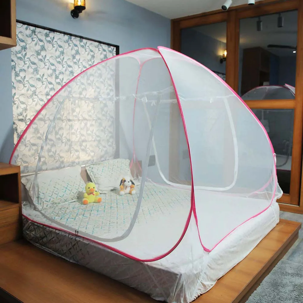Classic Foldable King Size Double Bed pink Polyester Zip Door Mosquito Net
