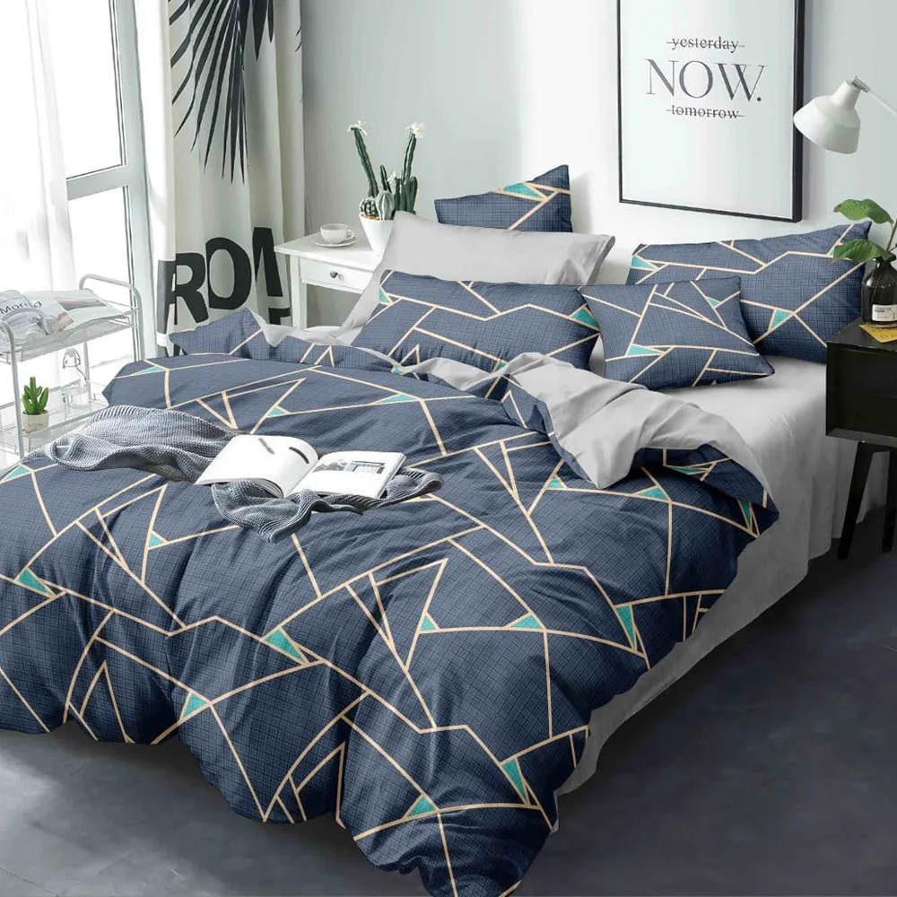Classic Geometric Print Double Bedsheet With 2 Pillow Covers (Blue)