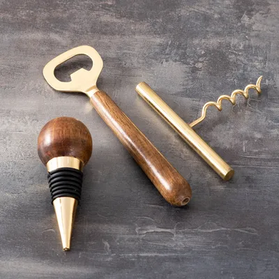 Classic Gold Wooden Handles Stainless Steel Bar Tool Set Of 3