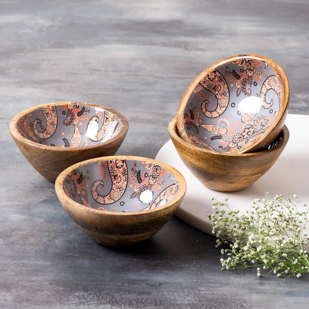 Classic Gray Enamel Print Wood Serving Bowl Set Of 4