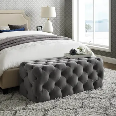 Classic Grey Resilient & Super Soft Luxurious Tufted Velvet Upholstered Bench