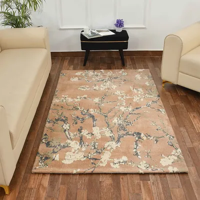 Classy Gold and Grey Floral Print Polyester Carpet