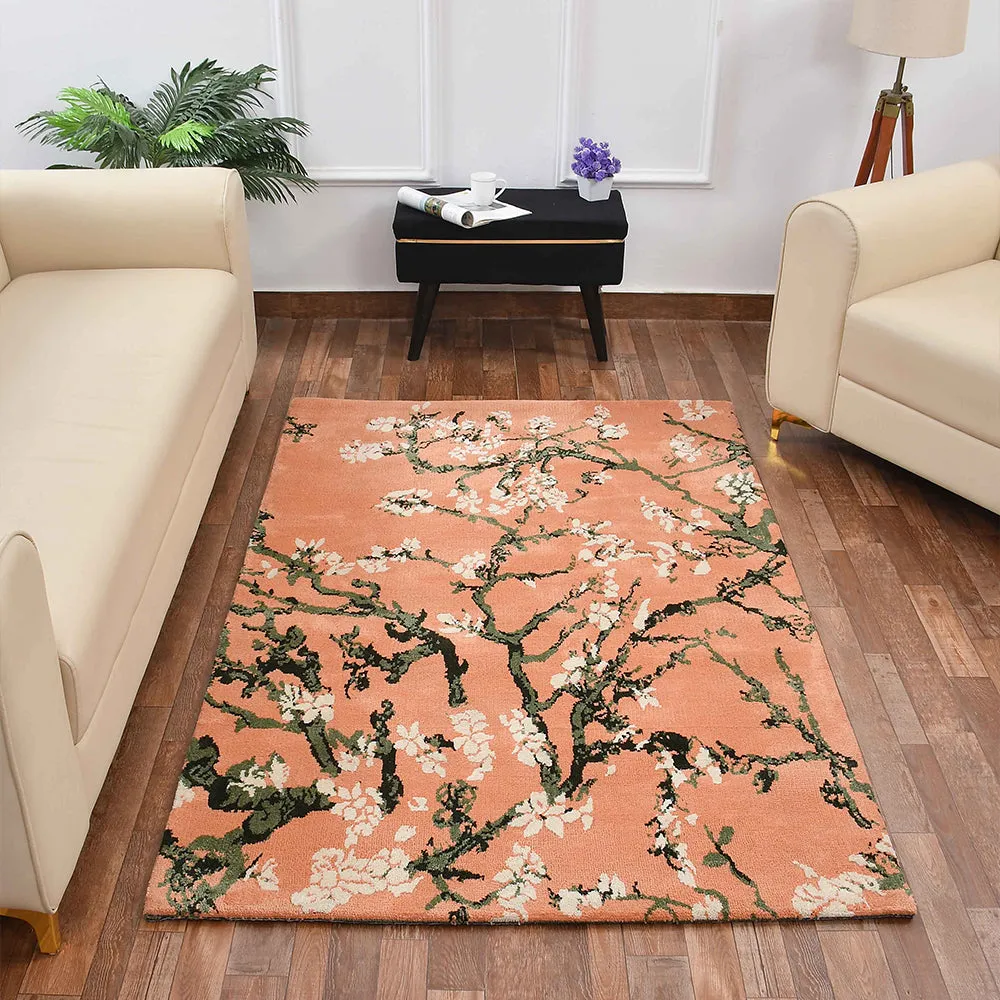 Classy Peach and Green Coloured Floral Print Polyester Carpet