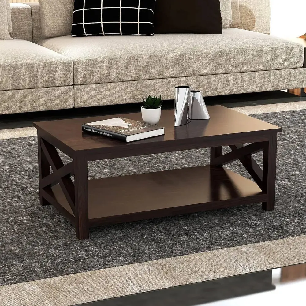Cocoa Brown Shiny Base Rectangular Sheesham Wood Coffee Table Set Of 1
