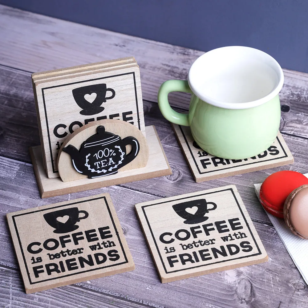 Coffee & Friends Wooden Coasters Set Of 6