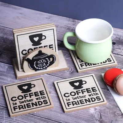 Coffee & Friends Wooden Coasters Set Of 6