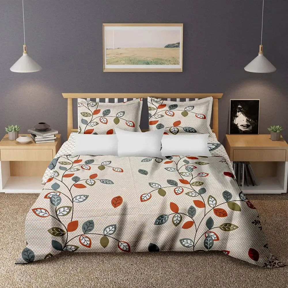 Colorful Leaves Beige Cotton Double Bedsheet With 2 Pillow Covers