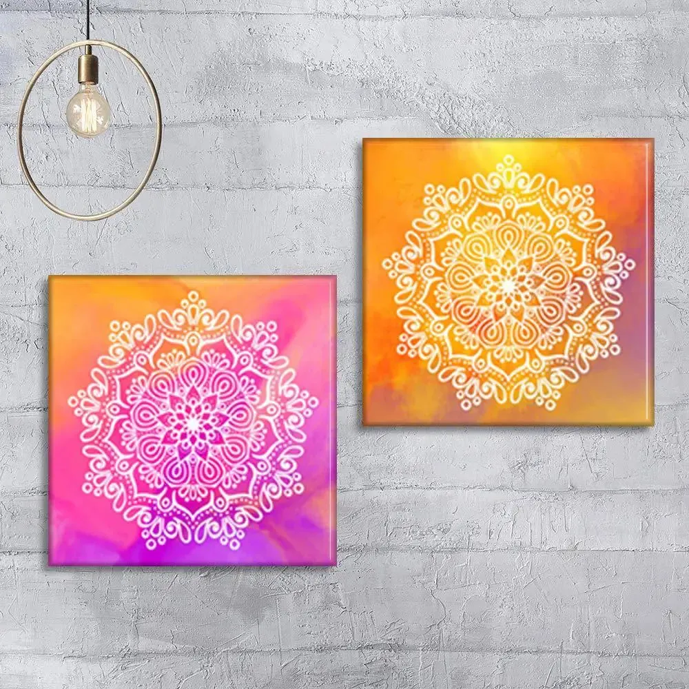 Colourful Mandala Art Wall Painting Stretched on Wooden Canvas, Set of 2