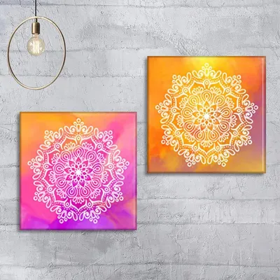 Colourful Mandala Art Wall Painting Stretched on Wooden Canvas, Set of 2