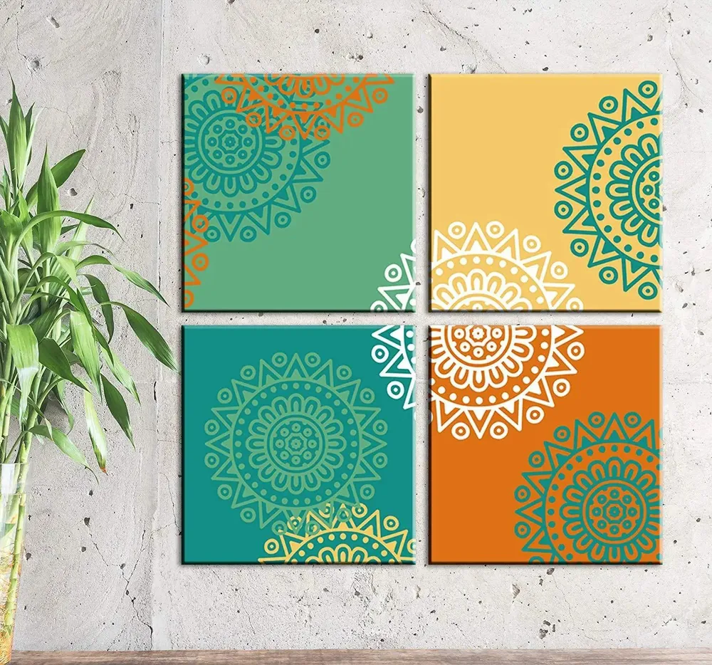 Colourful Mandala  Painting on Canvas, Stretched and Framed on Wood, Set of 4