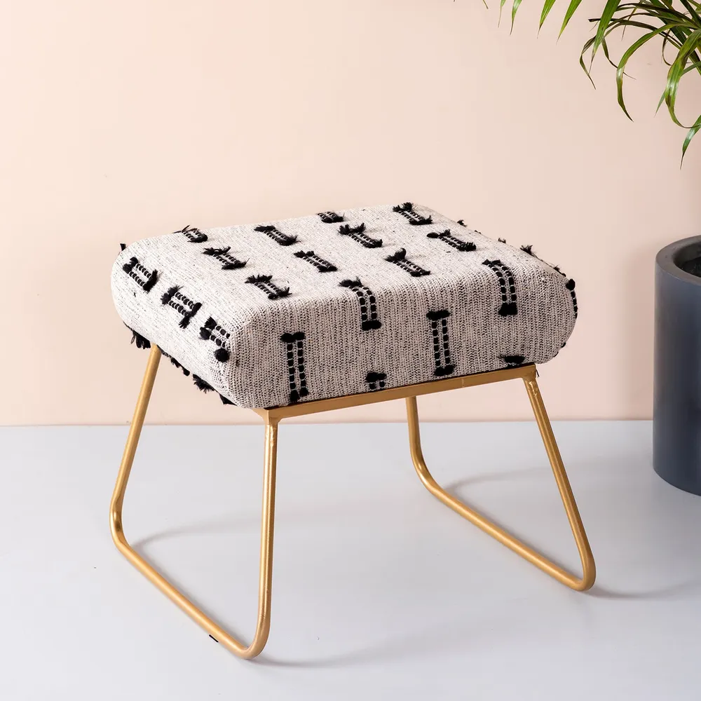 Contemporary Grey and Black Woven Cotton Upholstered Metal Ottoman Stool