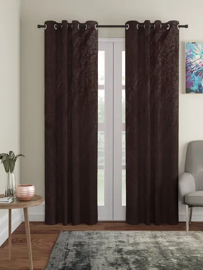 Cortina Brown Leaves Designer Eyelet Door Curtain