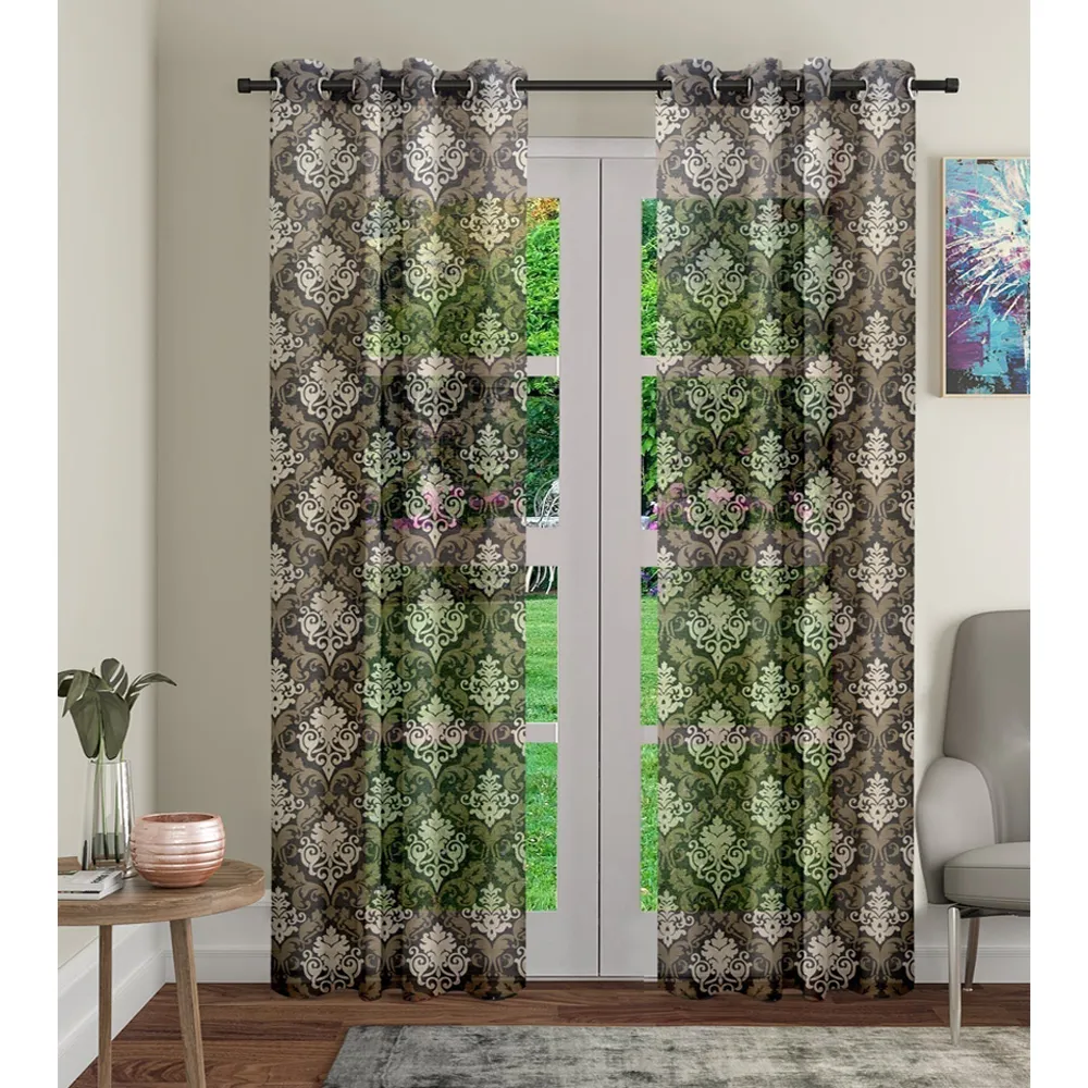 Cortina Damask Patterned Brown Sheer Door Curtain