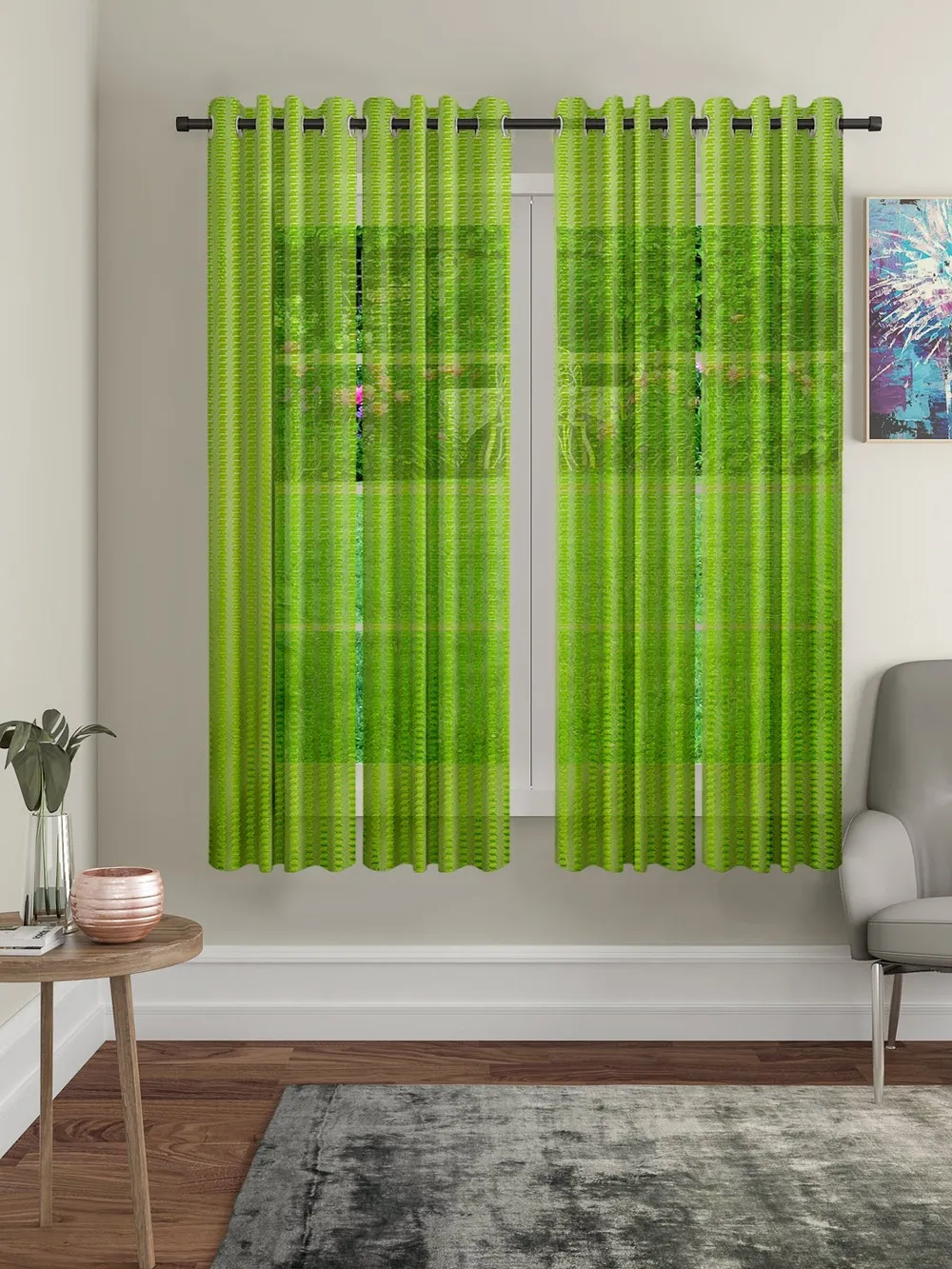 Cortina Florescent Green Designer Sheer Window Net Curtain Pack Of 4