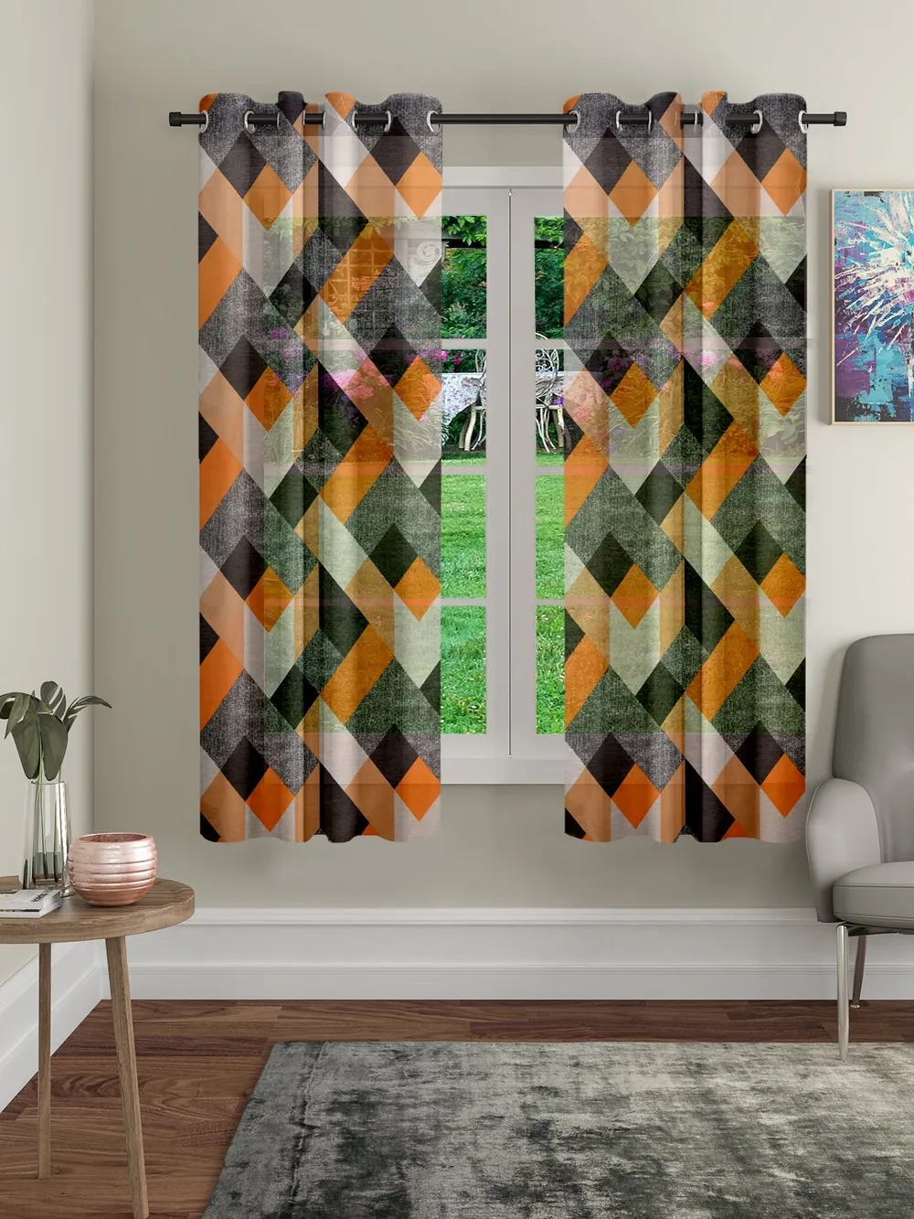 Cortina Geometric Orange & Black Sheer Window Net Curtain Pack Of 2