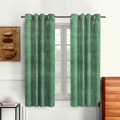 Cortina Luscious Green Velvet Soft Eyelet Curtain-Set of 2