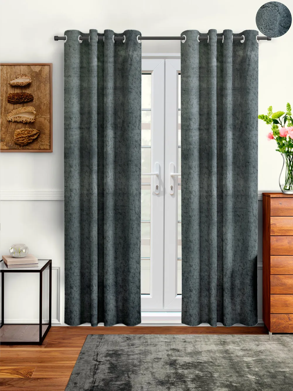 Cortina Luscious Grey Velvet Soft Eyelet Curtain