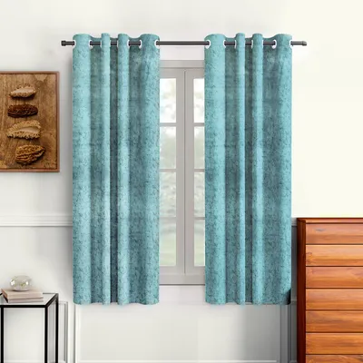 Cortina Luscious Light Blue Velvet Soft Eyelet Curtain-Set of 2