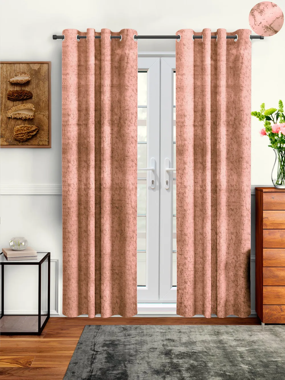 Cortina Luscious Light Grey Velvet Soft Eyelet Curtain-Set of 2