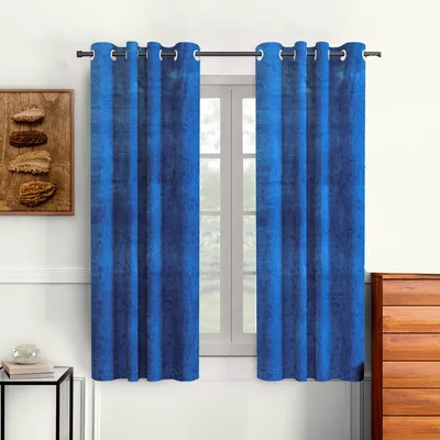 Cortina Luscious Navy Blue Velvet Soft Eyelet Curtain-Set of 2