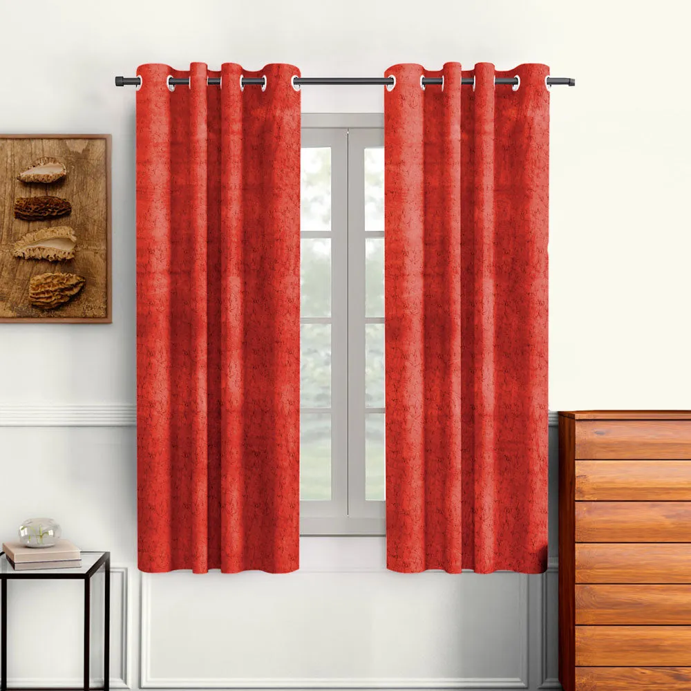 Cortina Luscious Red Velvet Soft Eyelet Curtain-Set of 2
