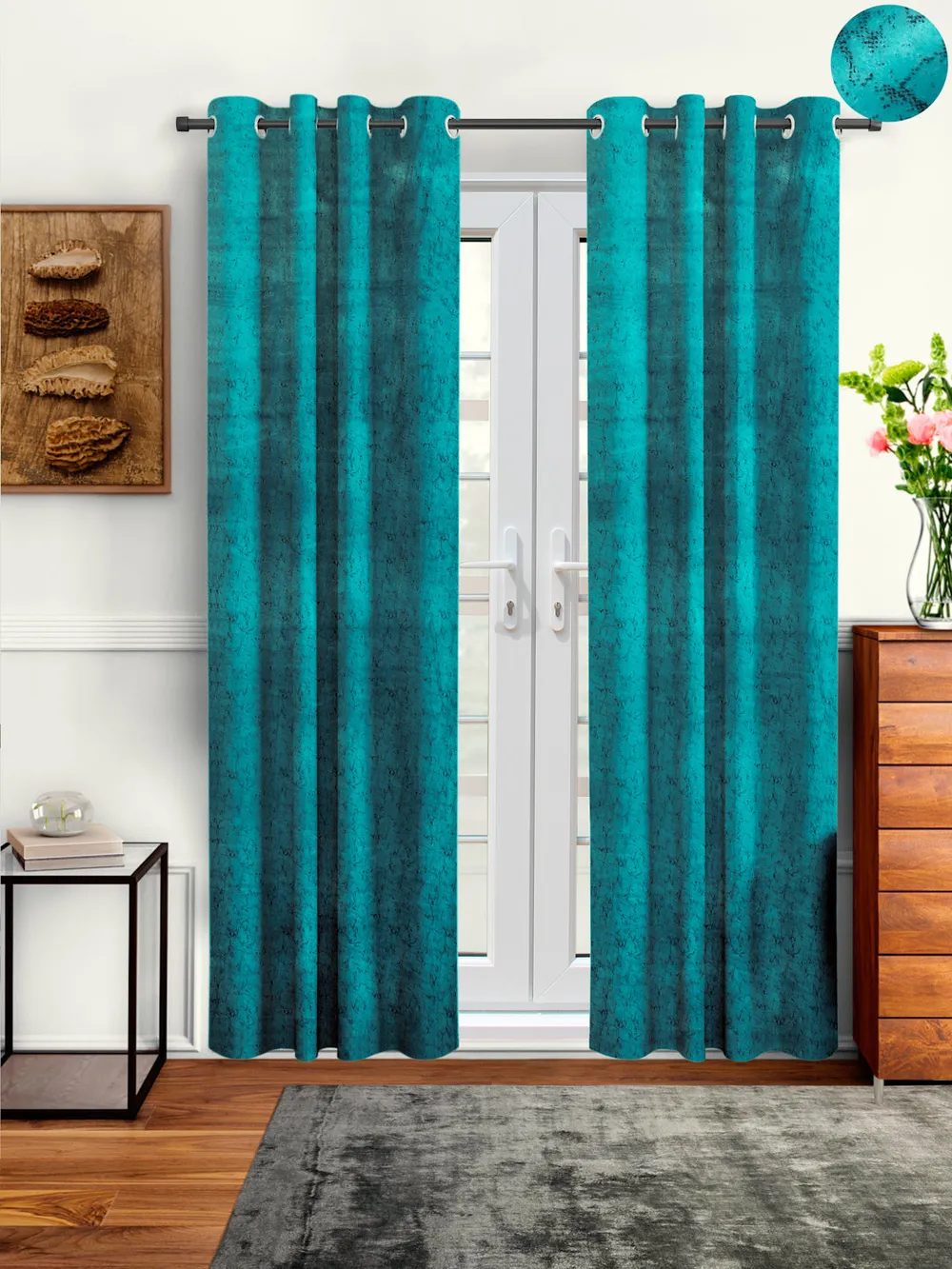 Cortina Luscious Rich Blue Velvet Soft Eyelet Curtain-Set of 2