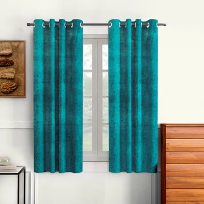 Cortina Luscious Rich Blue Velvet Soft Eyelet Curtain-Set of 2