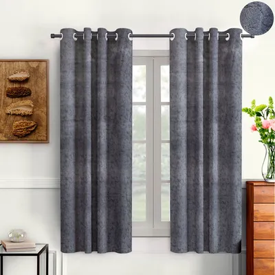 Cortina Luscious Silver Velvet Soft Eyelet Curtain-Set of 2