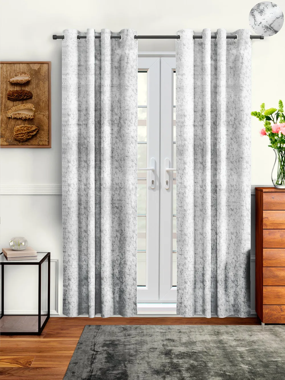 Cortina Luscious White Velvet Soft Eyelet Curtain-Set of 2