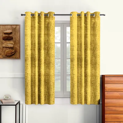 Cortina Luscious Yellow Velvet Soft Eyelet Curtain-Set of 2