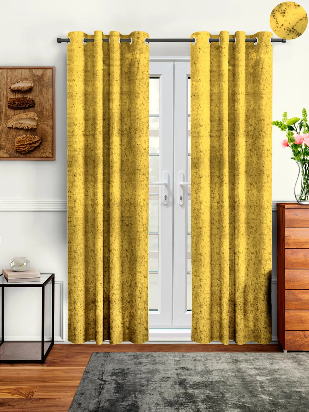 Cortina Luscious Yellow Velvet Soft Eyelet Curtain-Set of 2
