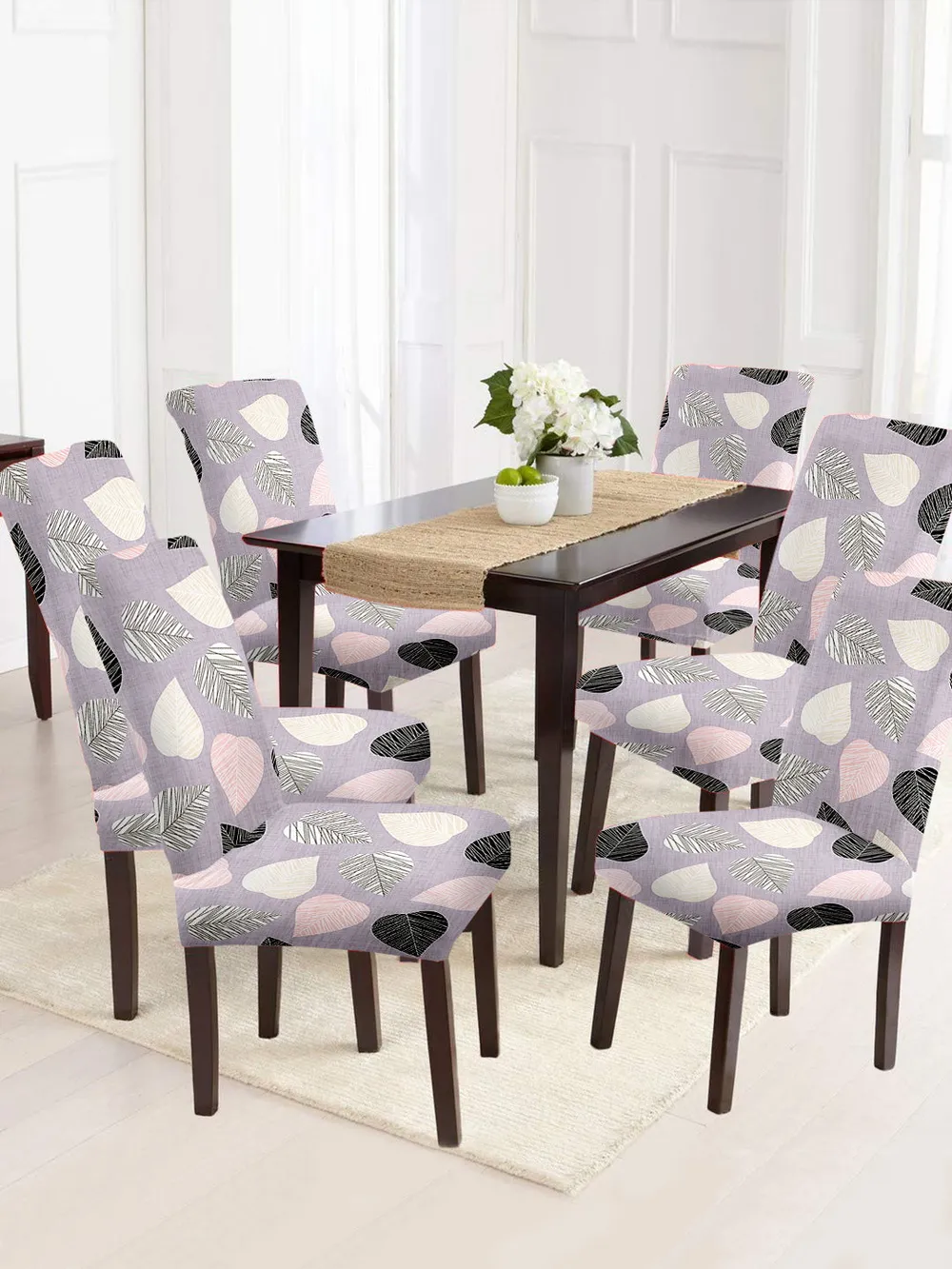 Cortina Spandex Stretchable Beige Floral Printed Polyester Chair Cover (Set of 2, 4 & 6)