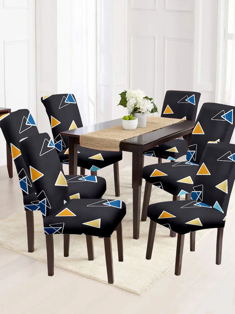 Cortina Spandex Stretchable Black Abstract Print Polyester Chair Cover (Set of 2, 4 & 6)