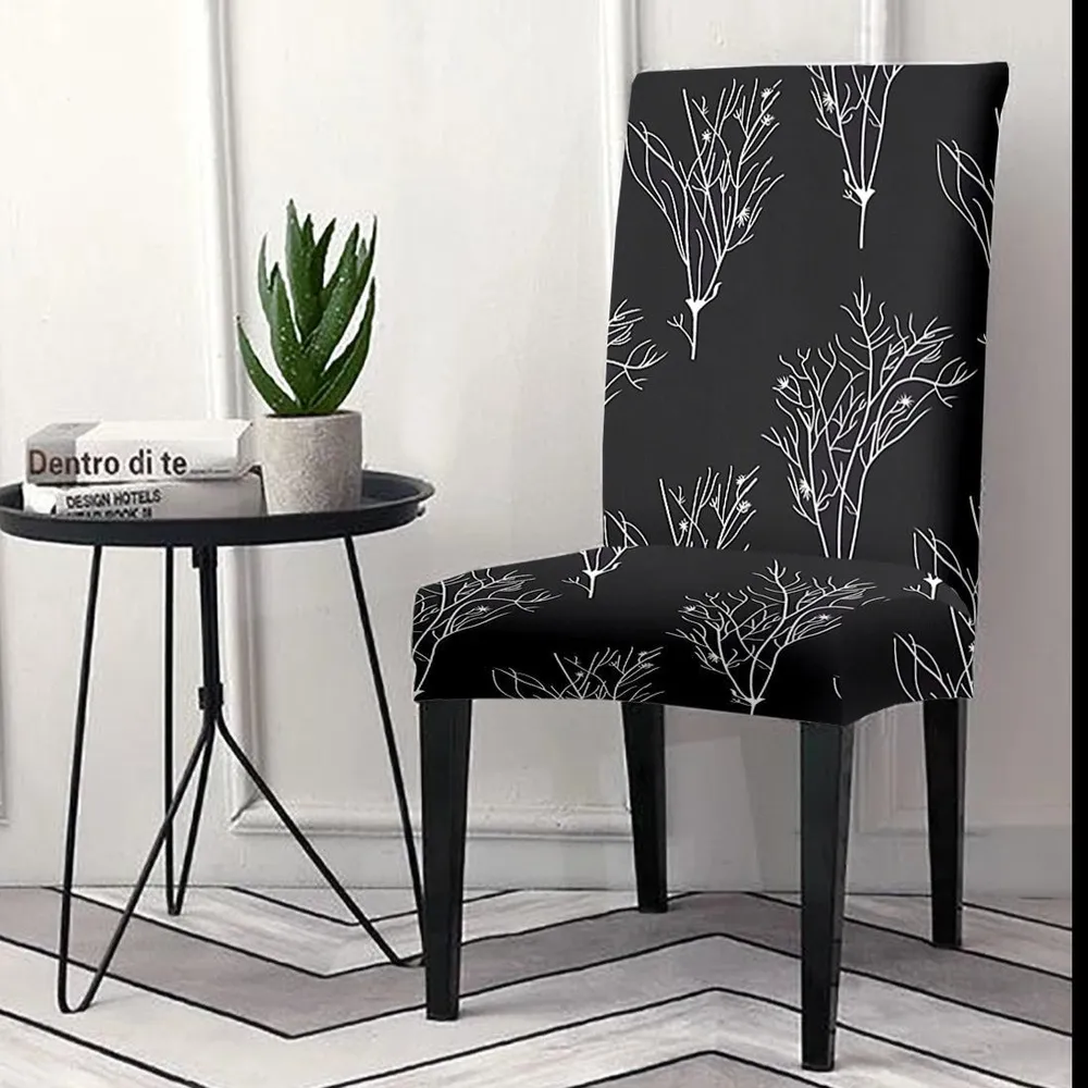 Cortina Spandex Stretchable Black Leafy Print Polyester Chair Cover (Set of 2, 4 & 6)