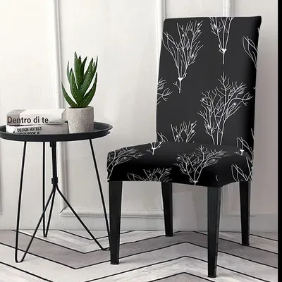 Cortina Spandex Stretchable Black Leafy Print Polyester Chair Cover (Set of 2, 4 & 6)