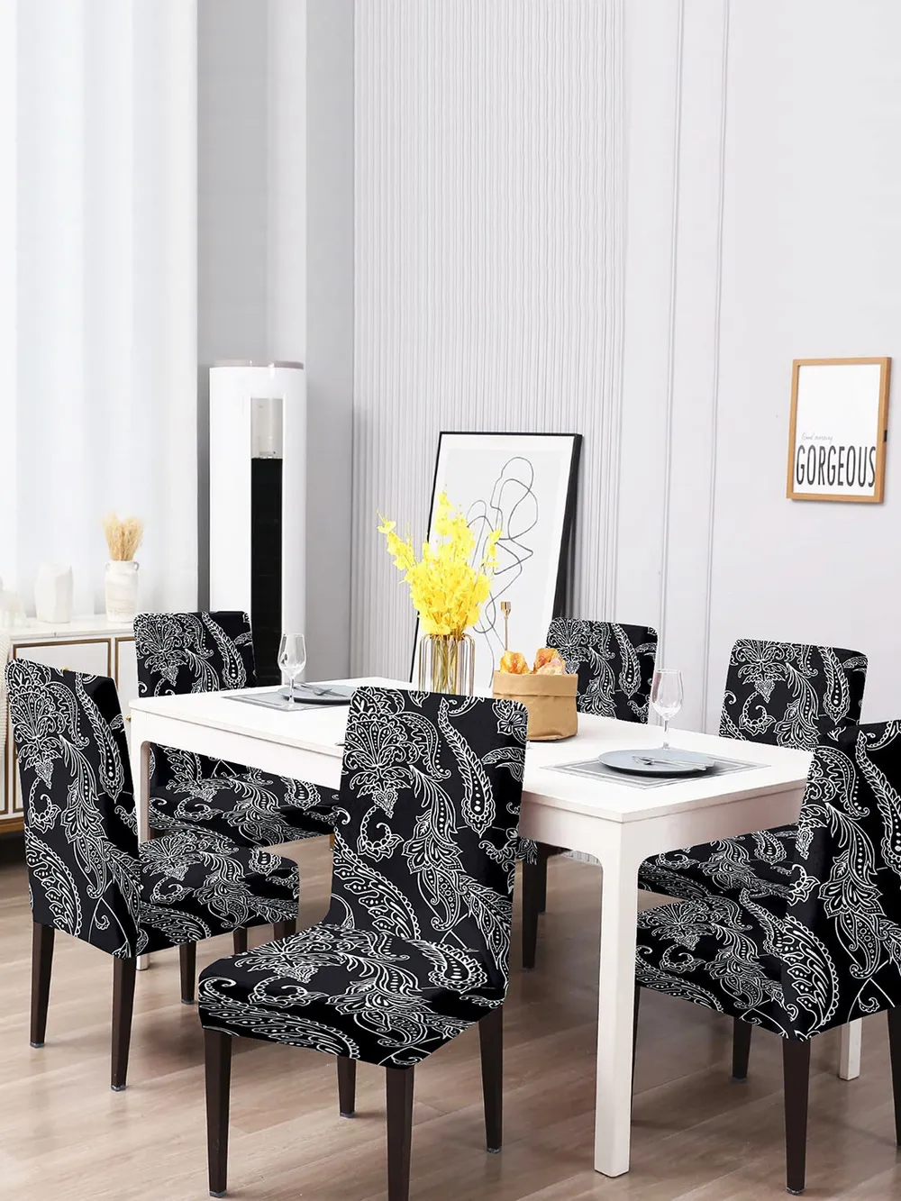 Cortina Spandex Stretchable Black Striped Polyester Chair Cover (Set of 2, 4 & 6)
