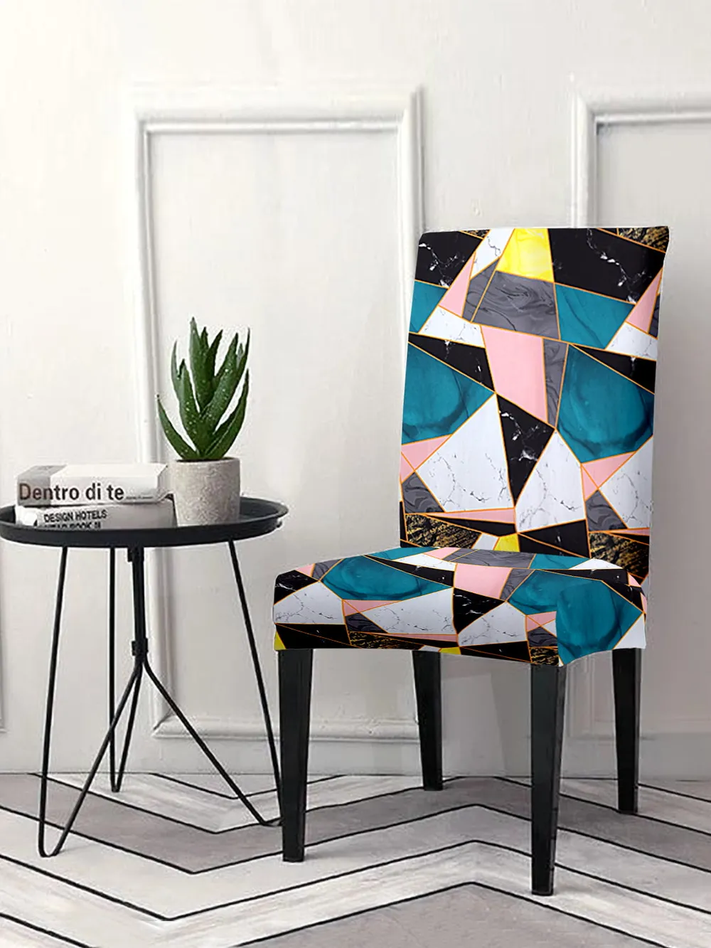 Cortina Spandex Stretchable Blue Geometric Print Polyester Chair Cover (Set of 2, 4 & 6)