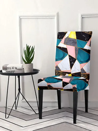 Cortina Spandex Stretchable Blue Geometric Print Polyester Chair Cover (Set of 2, 4 & 6)