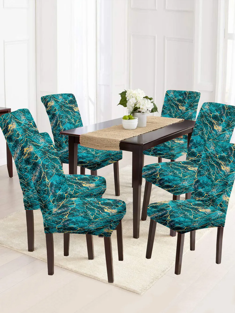 Cortina Spandex Stretchable Blue Marble Print Polyester Chair Cover (Set of 2, 4 & 6)