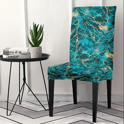 Cortina Spandex Stretchable Blue Marble Print Polyester Chair Cover (Set of 2, 4 & 6)