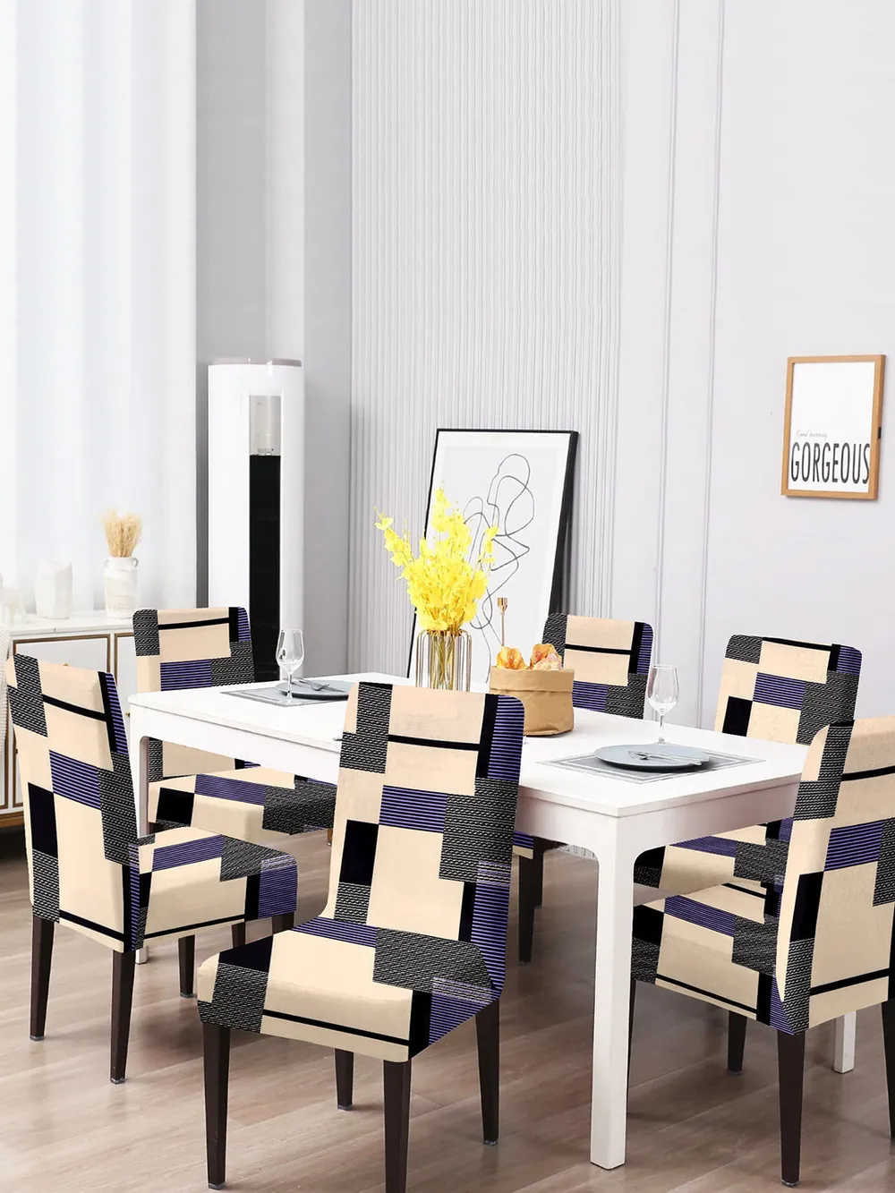 Cortina Spandex Stretchable Brown Abstract Print Polyester Chair Cover (Set of 2, 4 & 6)