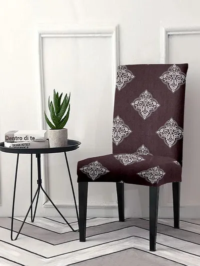 Cortina Spandex Stretchable Brown Damask Polyester Chair Cover (Set of 2, 4 & 6)