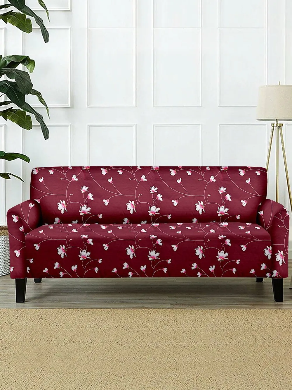 Cortina Spandex Stretchable Floral Print Maroon Sofa Slipcover