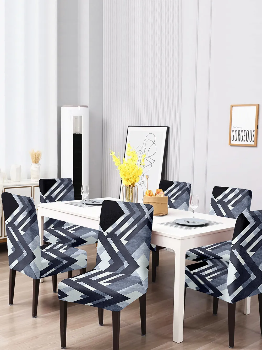 Cortina Spandex Stretchable Grey Damask Polyester Chair Cover (Set of 2, 4 & 6)