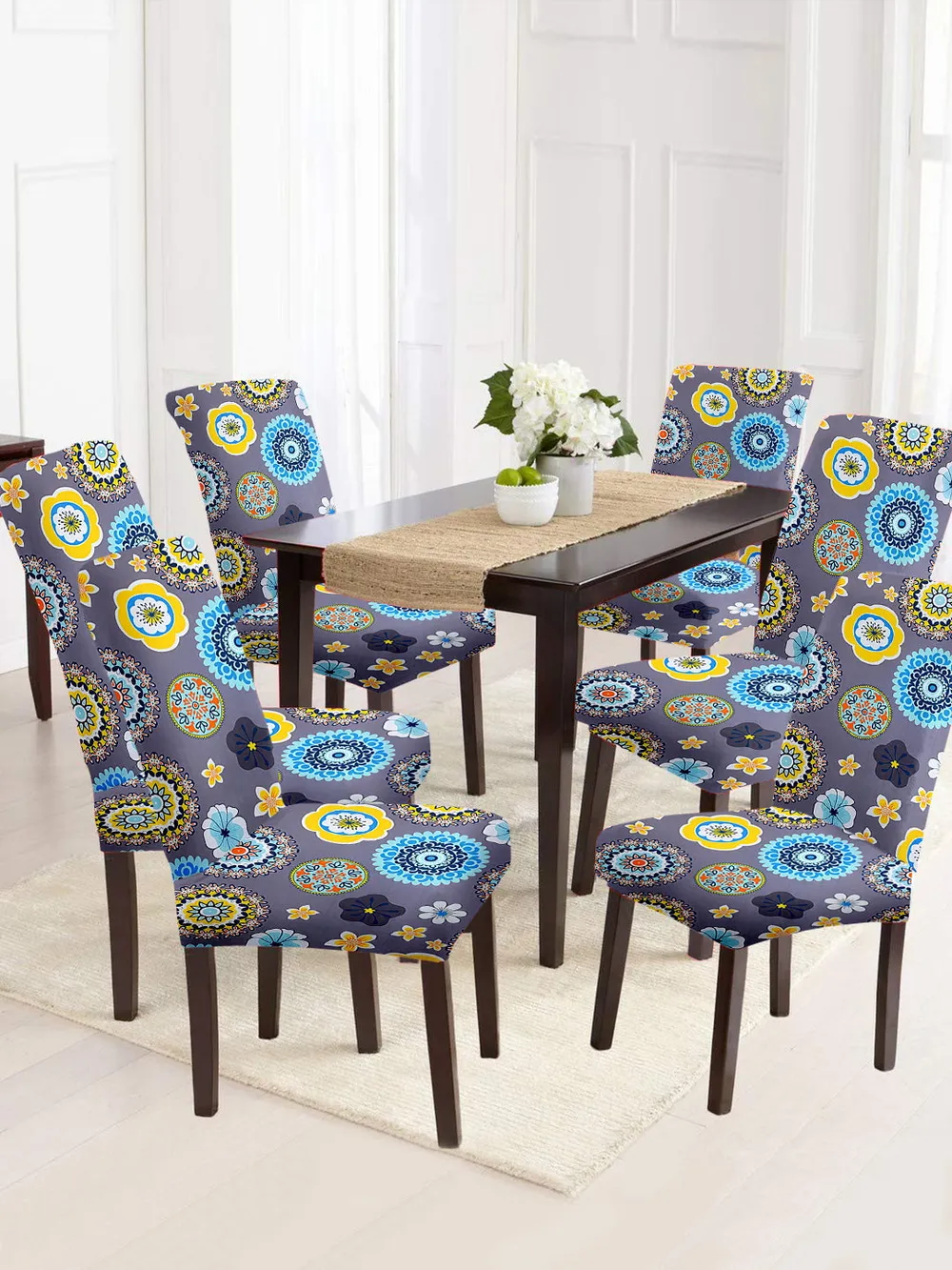 Cortina Spandex Stretchable Grey Floral Printed Polyester Chair Cover (Set of 2, 4 & 6)
