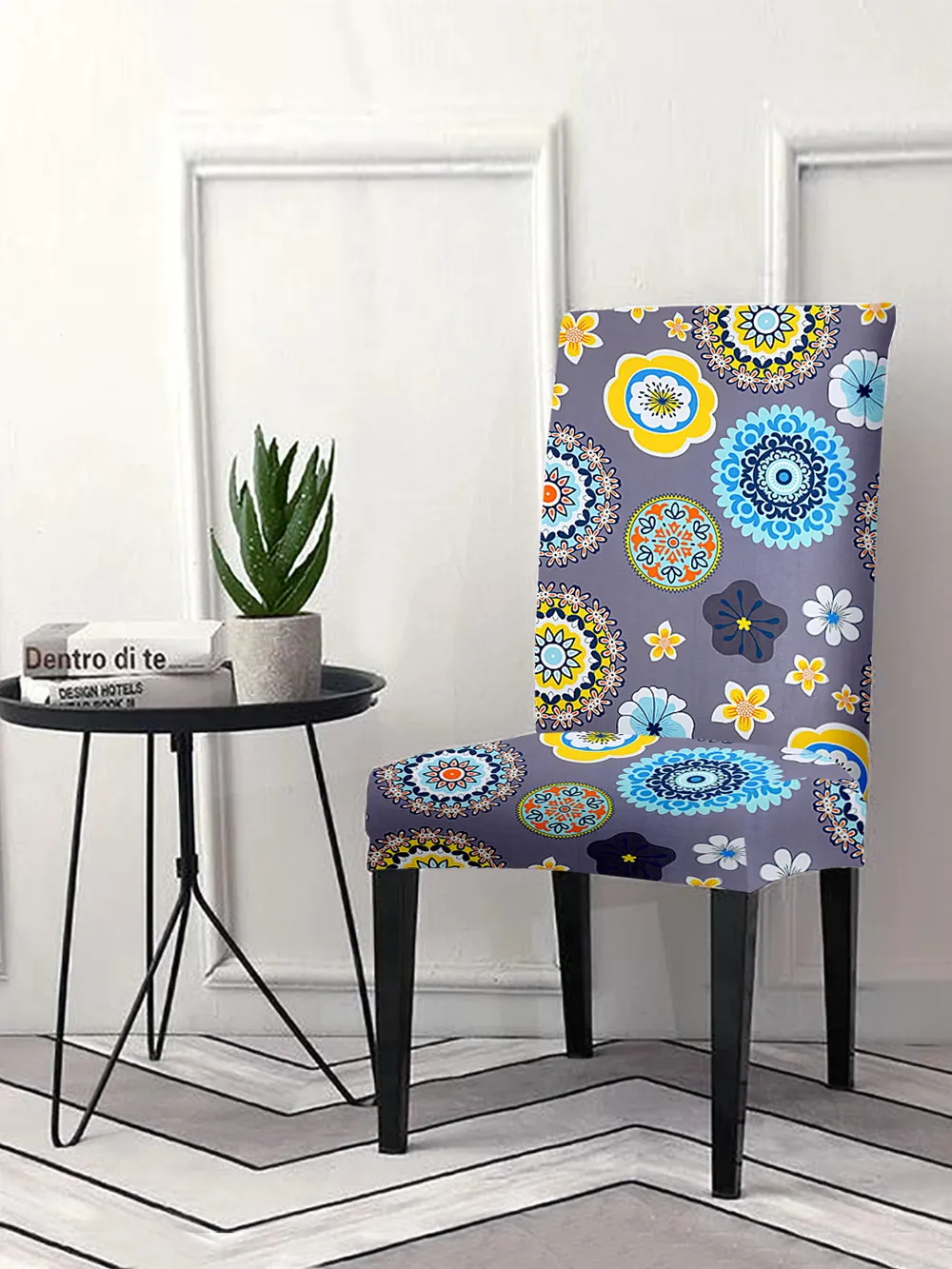 Cortina Spandex Stretchable Grey Floral Printed Polyester Chair Cover (Set of 2, 4 & 6)