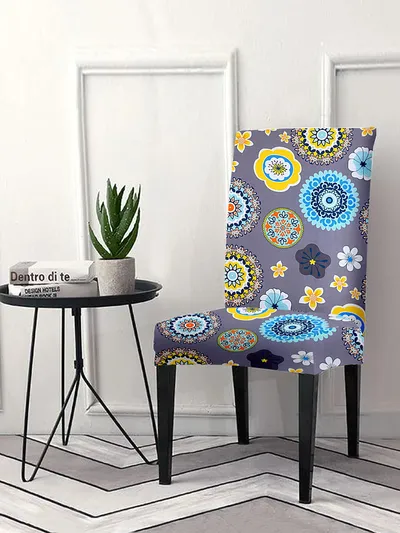 Cortina Spandex Stretchable Grey Floral Printed Polyester Chair Cover (Set of 2, 4 & 6)