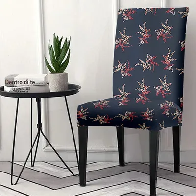 Cortina Spandex Stretchable Grey Leafy Print Polyester Chair Cover (Set of 2, 4 & 6)