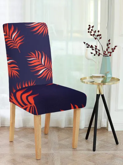 Cortina Spandex Stretchable Leaf Printed Elastic Navy Blue Chair Cover